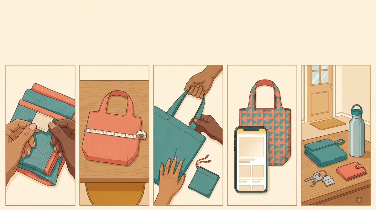 Illustration of five steps for choosing a reusable bag: checking the label, measuring, testing handles, reading product details and keeping the bag by the door