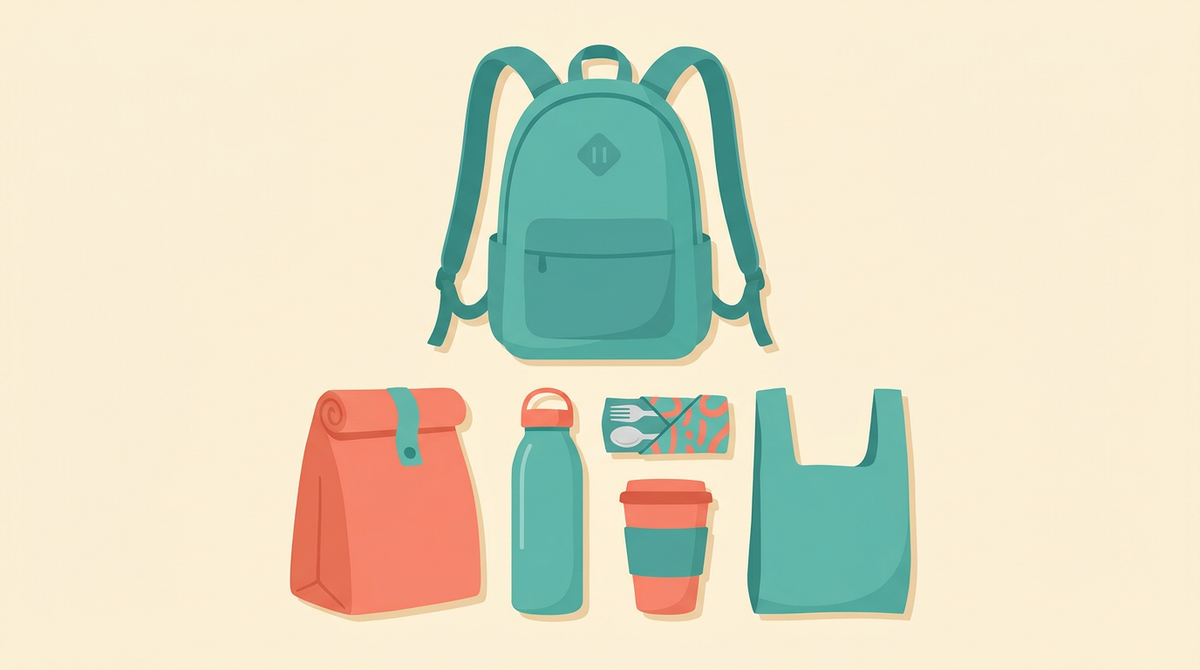 Illustration of a low-waste commute kit with backpack, lunch bag, bottle and cup