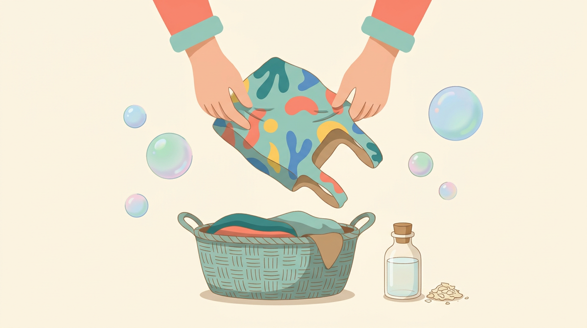 Illustration of hands turning a reusable bag inside out before washing