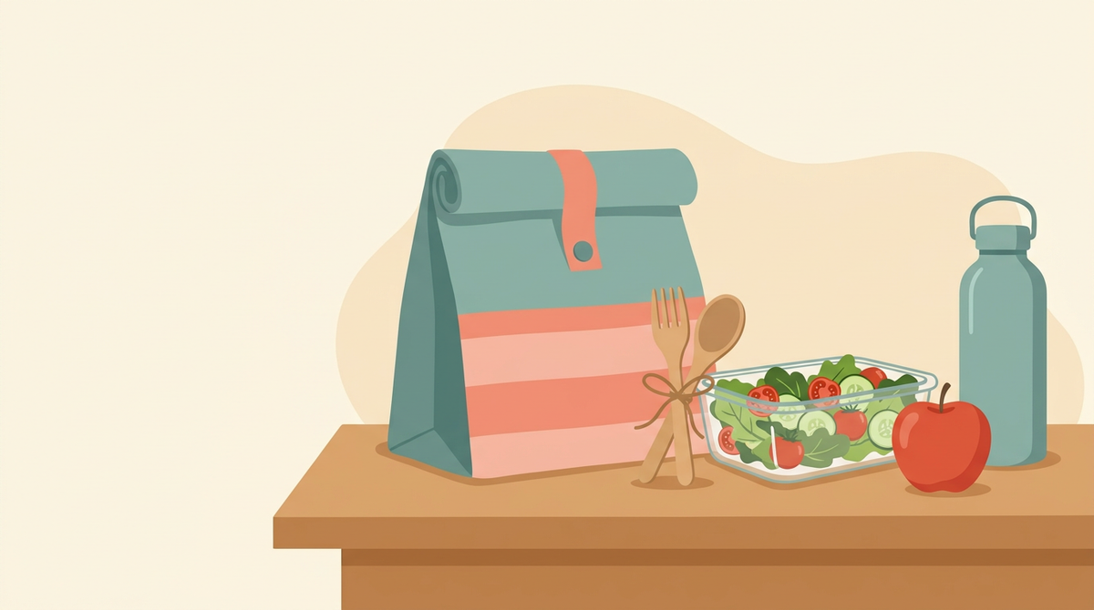 Illustration of a roll-top lunch bag on a desk beside a salad container, reusable cutlery, an apple and a water bottle