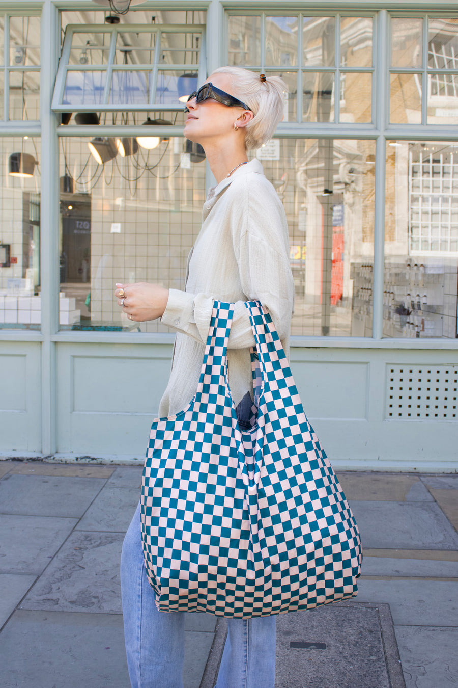 Checkerboard Teal & Beige | Extra Large Reusable Bag