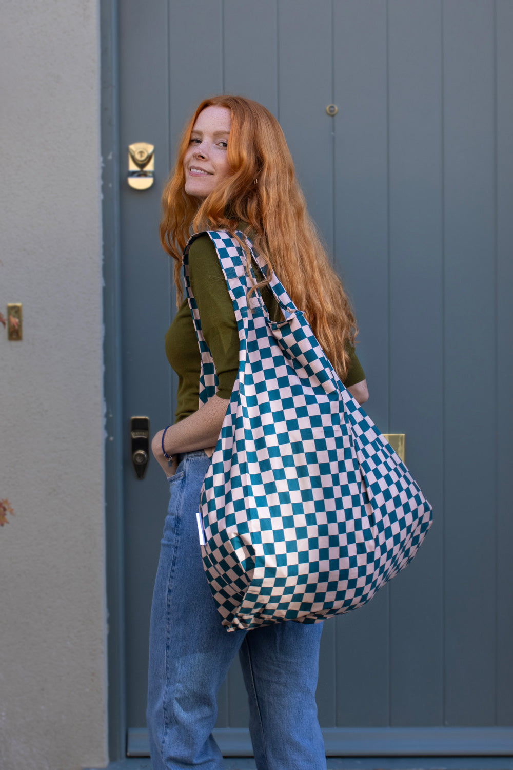 Checkerboard Teal & Beige | Extra Large Reusable Bag