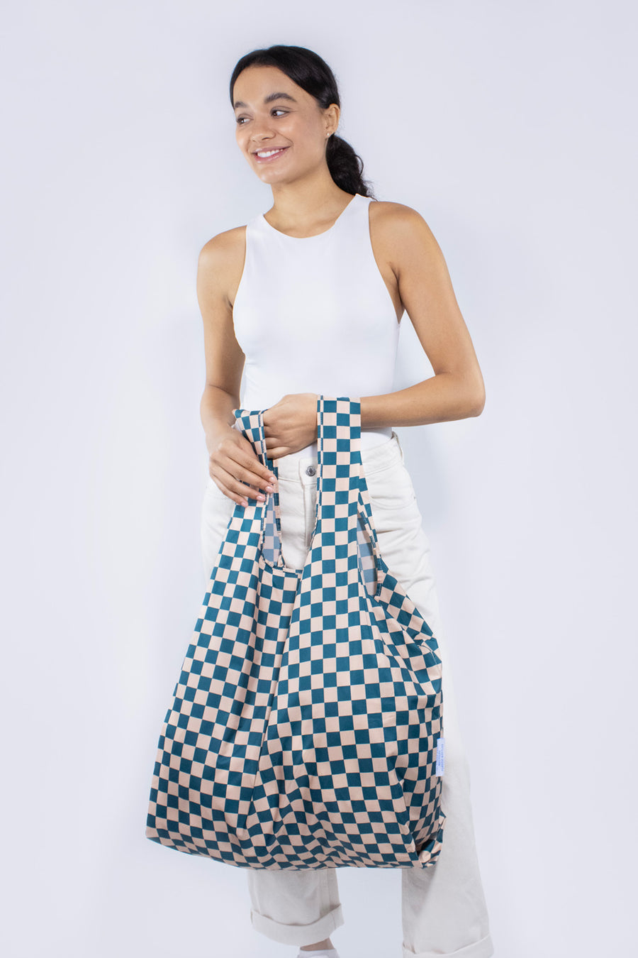 Checkerboard Teal & Beige | Extra Large Reusable Bag