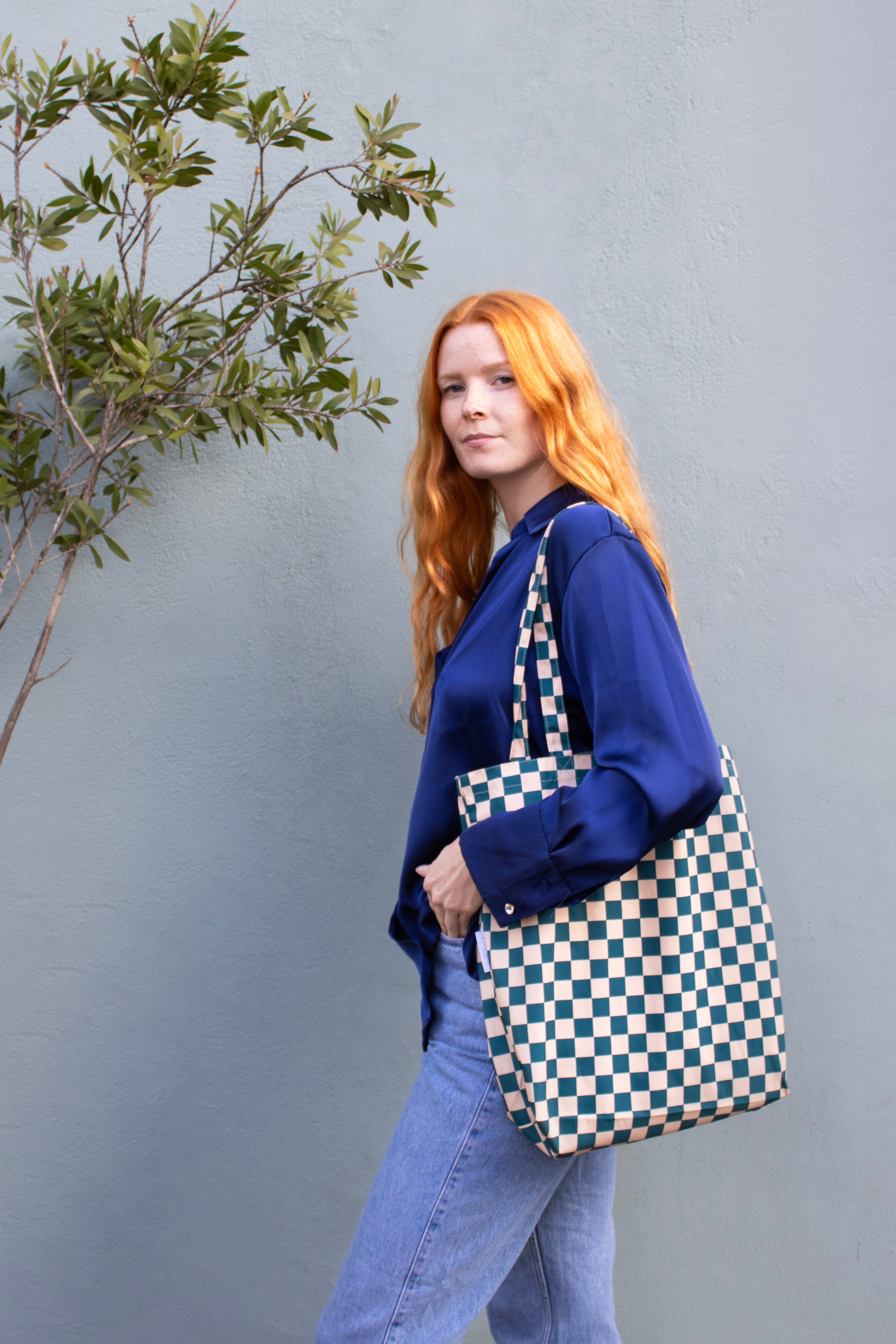Checkerboard Teal & Beige | Recycled Tote