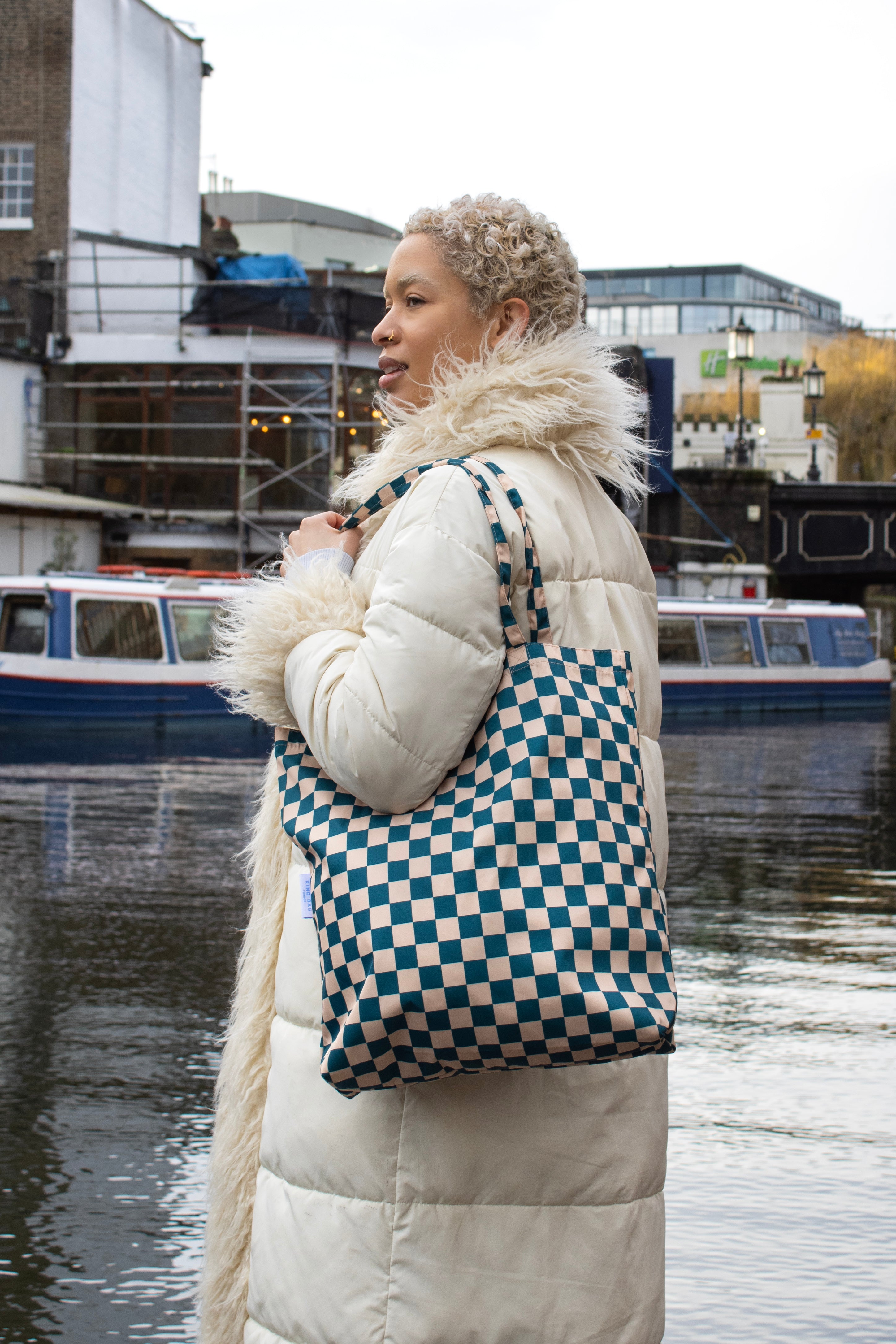 Checkerboard Teal & Beige | Recycled Tote