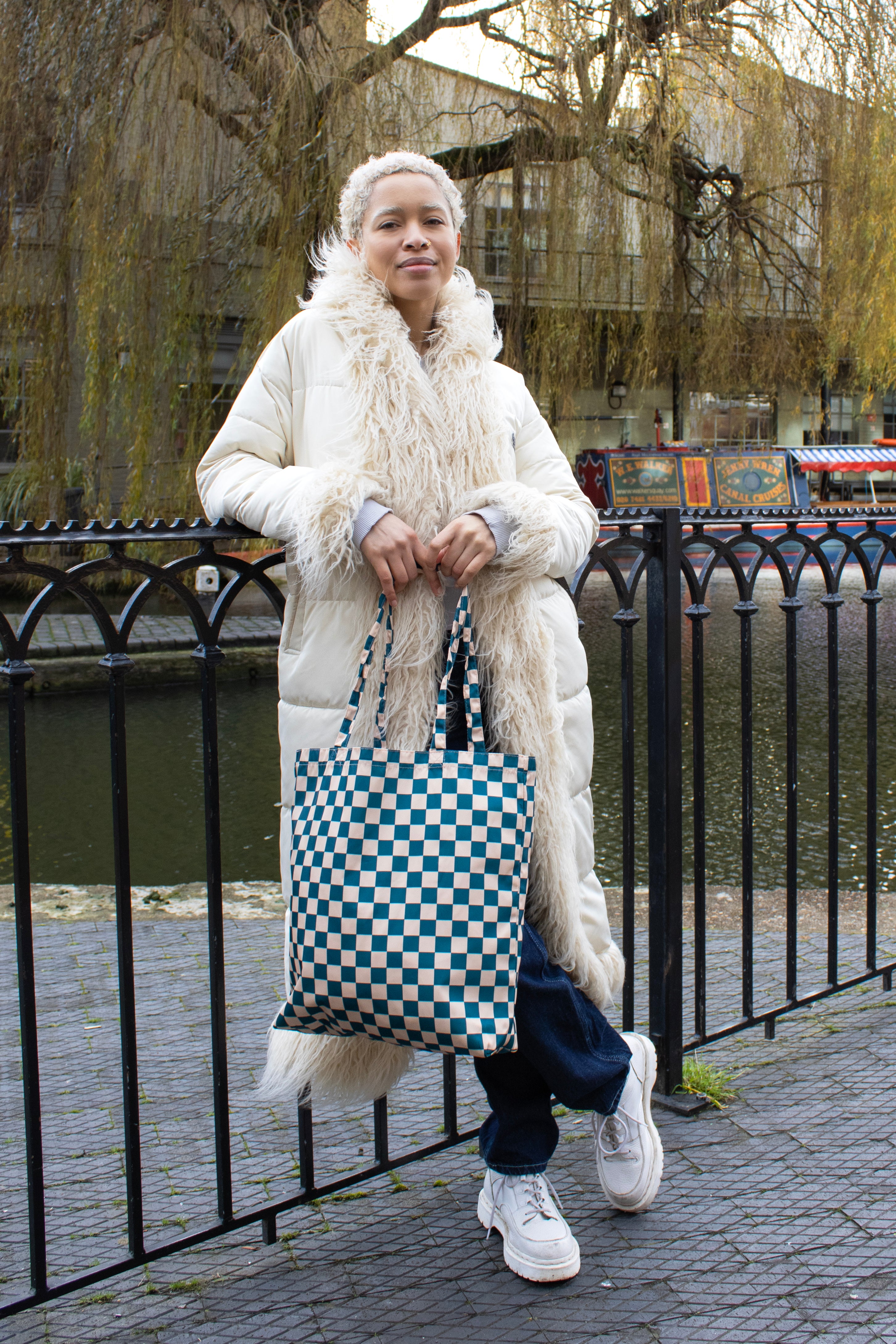 Checkerboard Teal & Beige | Recycled Tote