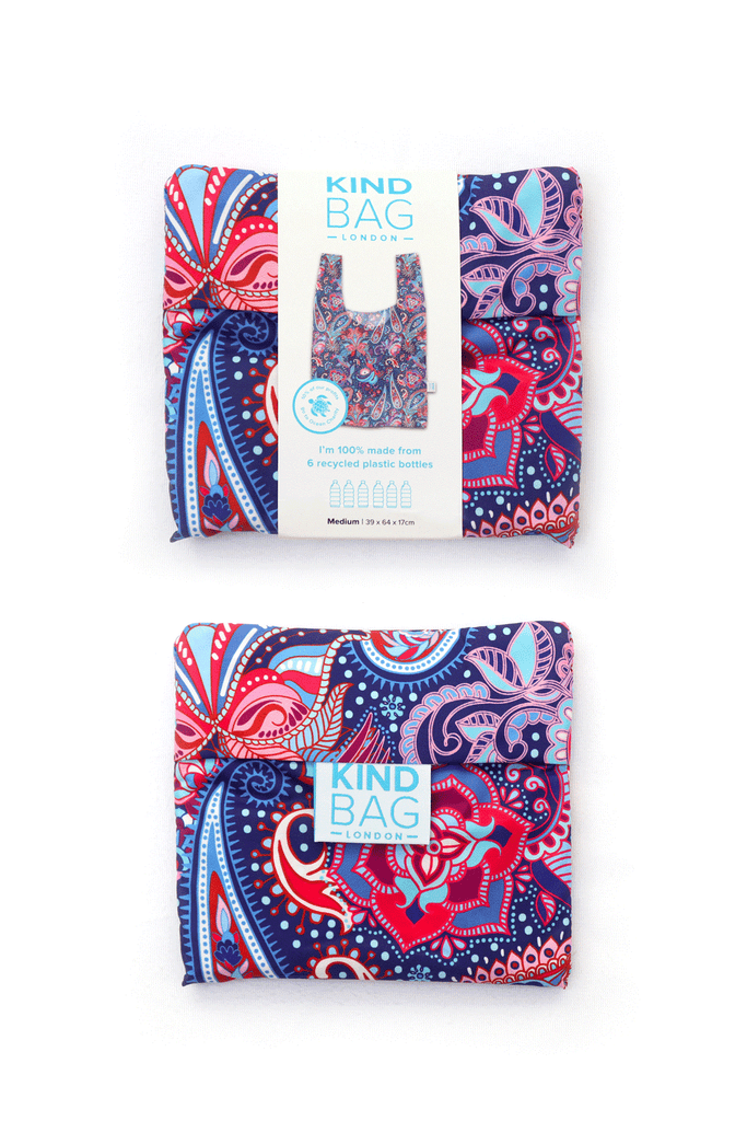 Kind Bag Boho Paisley Purple Reusable Bag Folded in Pouch