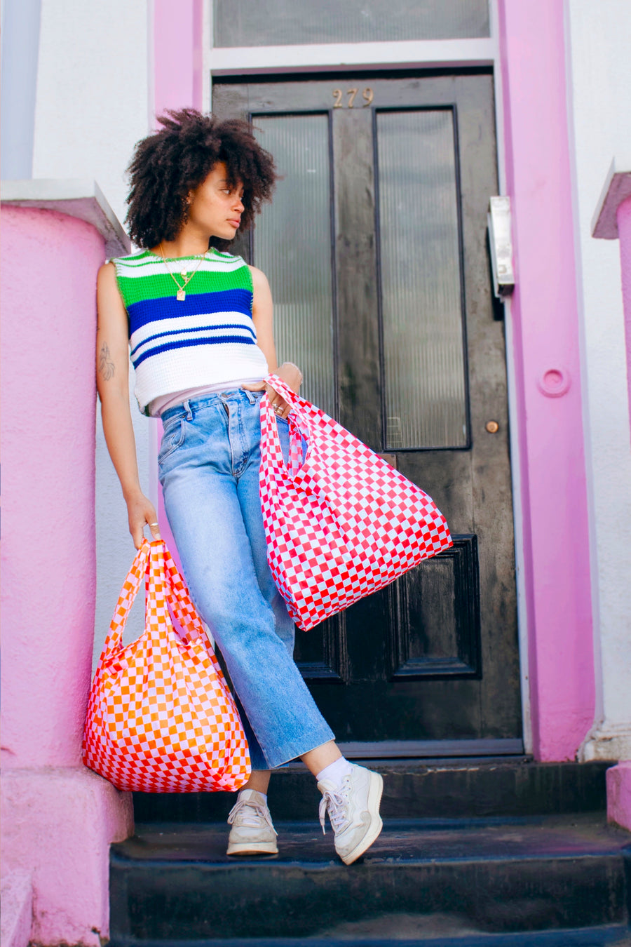 Kind Bag Orange and Pink Checkerboard Medium Reusable Bag Full Body View