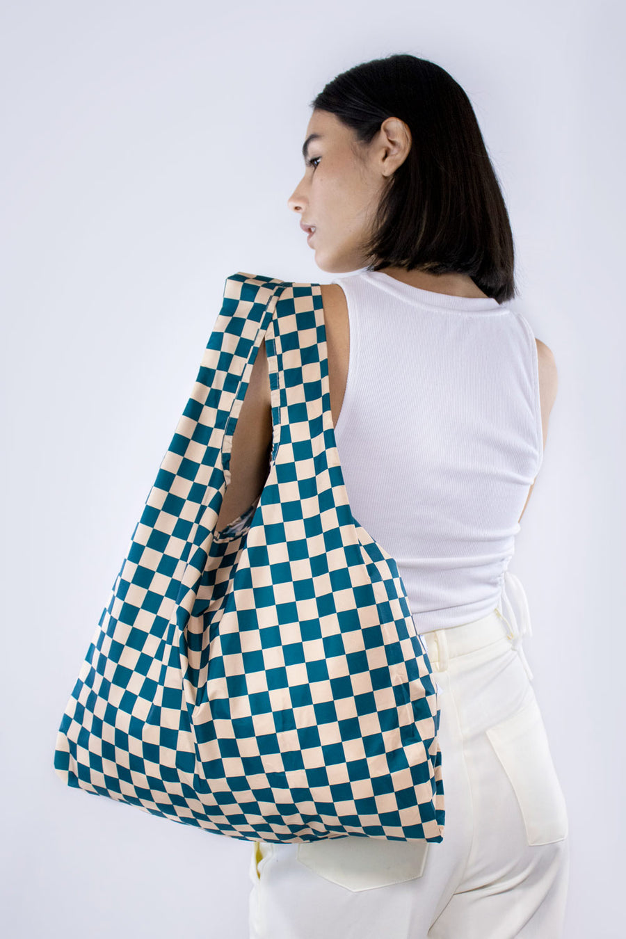 Kind Bag Checkerboard Teal Beige Medium Reusable Bag