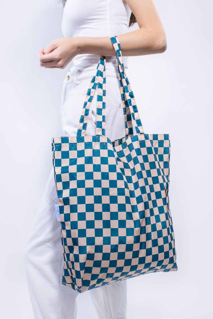 Checkerboard Teal & Beige | Recycled Tote